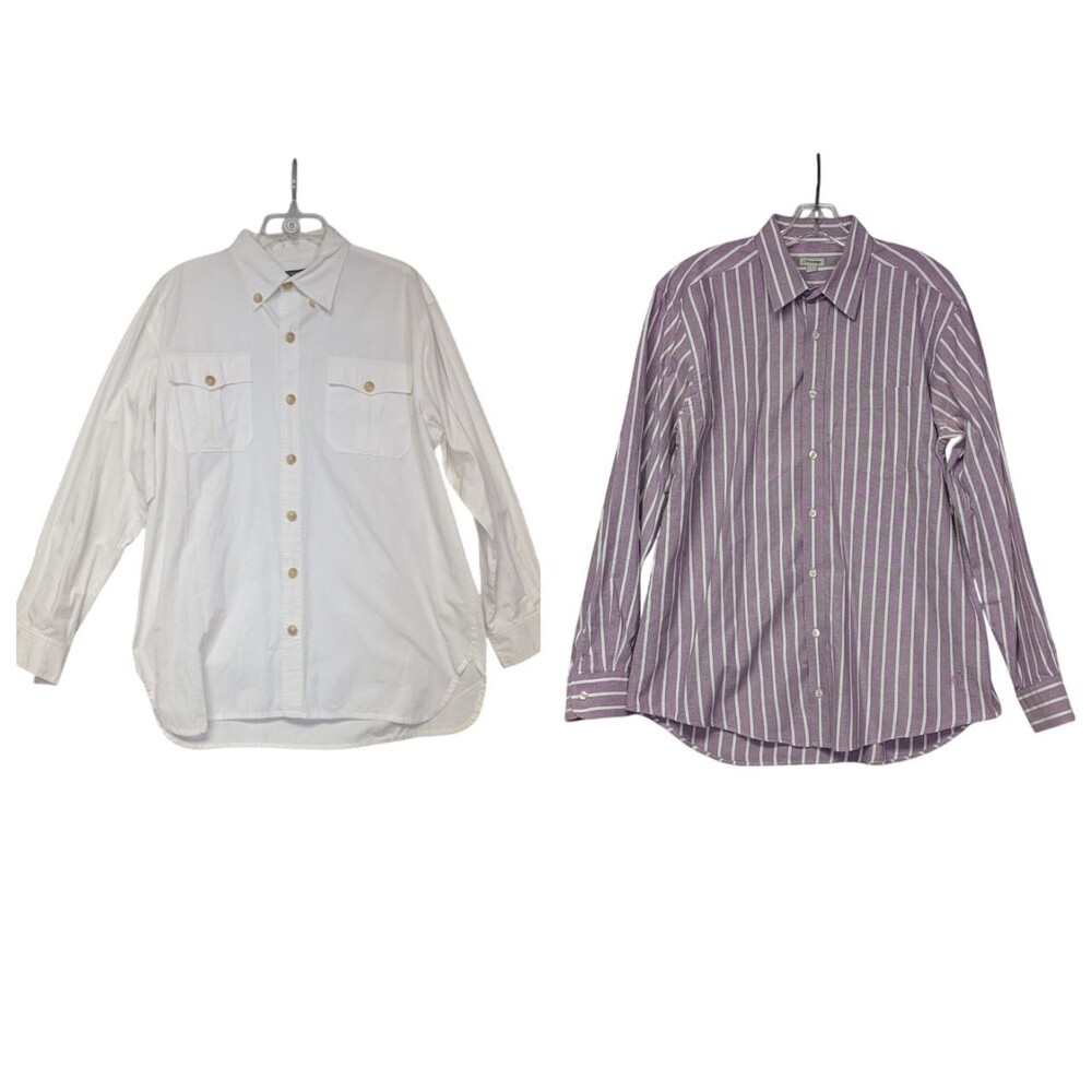 2 - J Peterman Mens Cotton Long Sleeve Button Down Shirt Purple Stripe & White